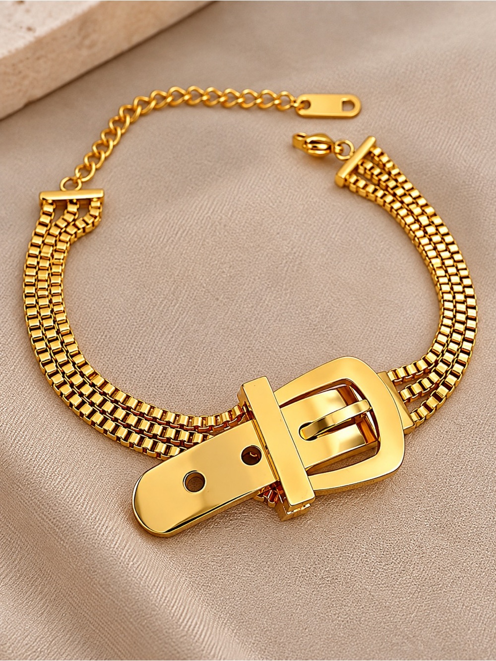 18K Gold Plated Belt Buckle Multi Strand Chain Bracelet Adjustable